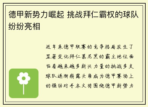 德甲新势力崛起 挑战拜仁霸权的球队纷纷亮相 德甲新势力崛起 挑战拜仁霸权的球队纷纷亮相