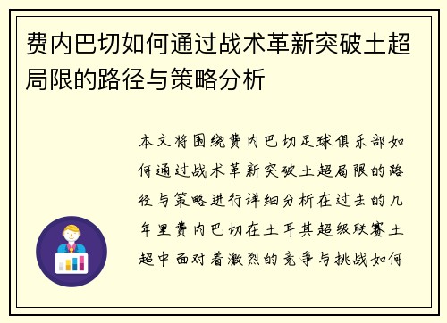费内巴切如何通过战术革新突破土超局限的路径与策略分析 费内巴切如何通过战术革新突破土超局限的路径与策略分析